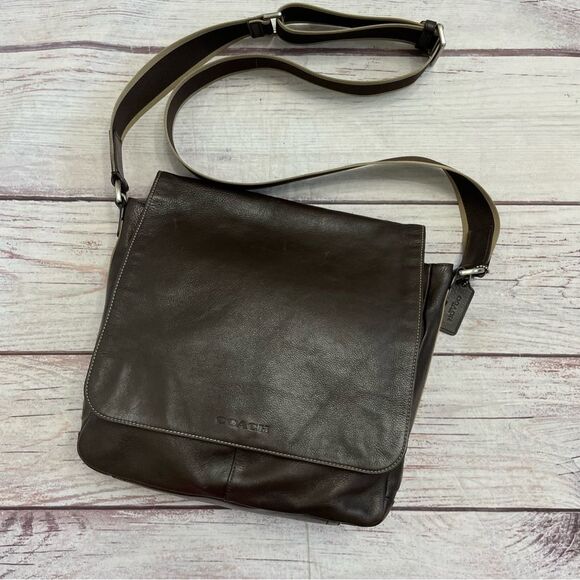 Coach Heritage Web Leather Map Messenger Bag Crossbody Brown with Striped Strap - Picture 1 of 14